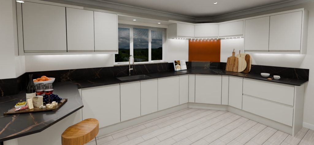 3D visualisation of a limestone handleless kitchen with J-pull doors and black worktops.