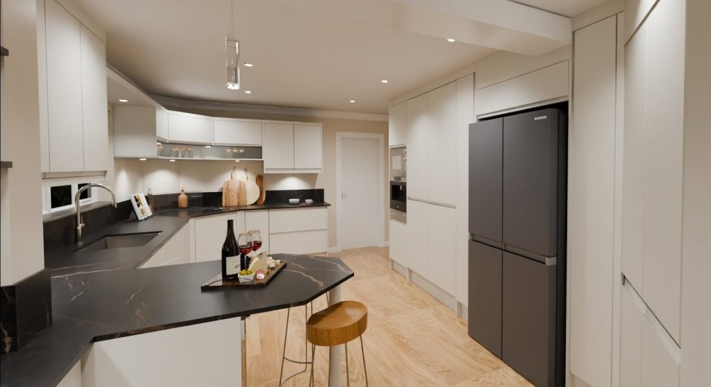 3D visualisation on a modern J-pull kitchen in pale limestone color. The view featuring a little breakfast peninsula on the left side with two bar stools tucked underneath the overhang of the black worktop. There is a black american fridge freezer in the larder run on the right side of the view.