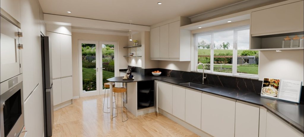 3D visualisation on a modern J-pull kitchen in pale limestone color. The view featuring a little breakfast peninsula on the right side with two bar stools tucked underneath the overhang of the black worktop and the undermounted sink below the window on the right.
