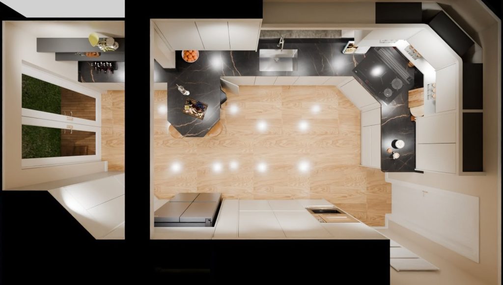 Bird eye view of 3D visualisation on a modern J-pull kitchen in pale limestone color with the black worktop with rusty veining pattern featuring the layout of the whole room.