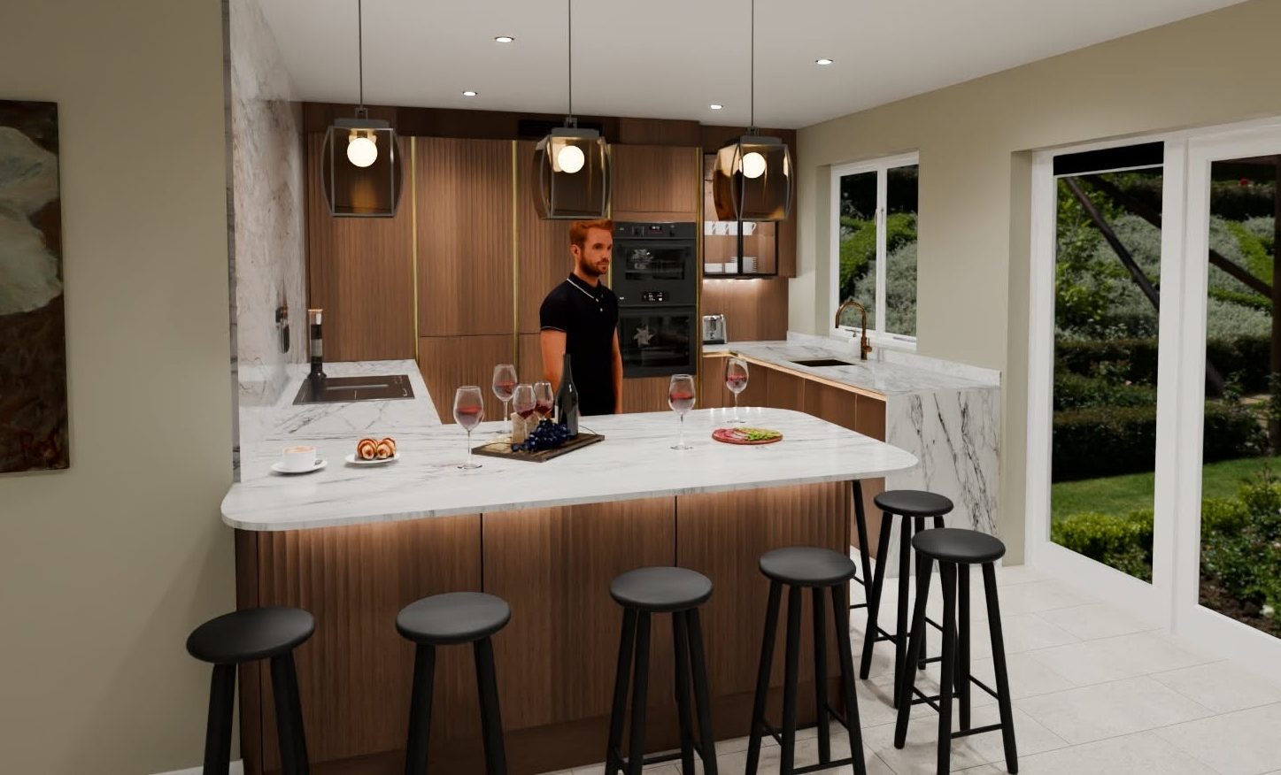 3D visualisation of modern kitchen in dark oak veneer inspired by mid-century modern style. Kitchen peninsula with bar stools at the front.