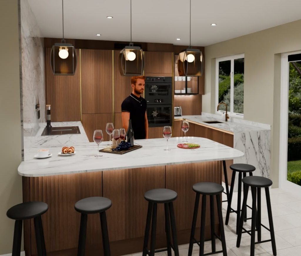3D visualisation of modern kitchen in dark oak veneer modern style. Kitchen peninsula with bar stools at the front.