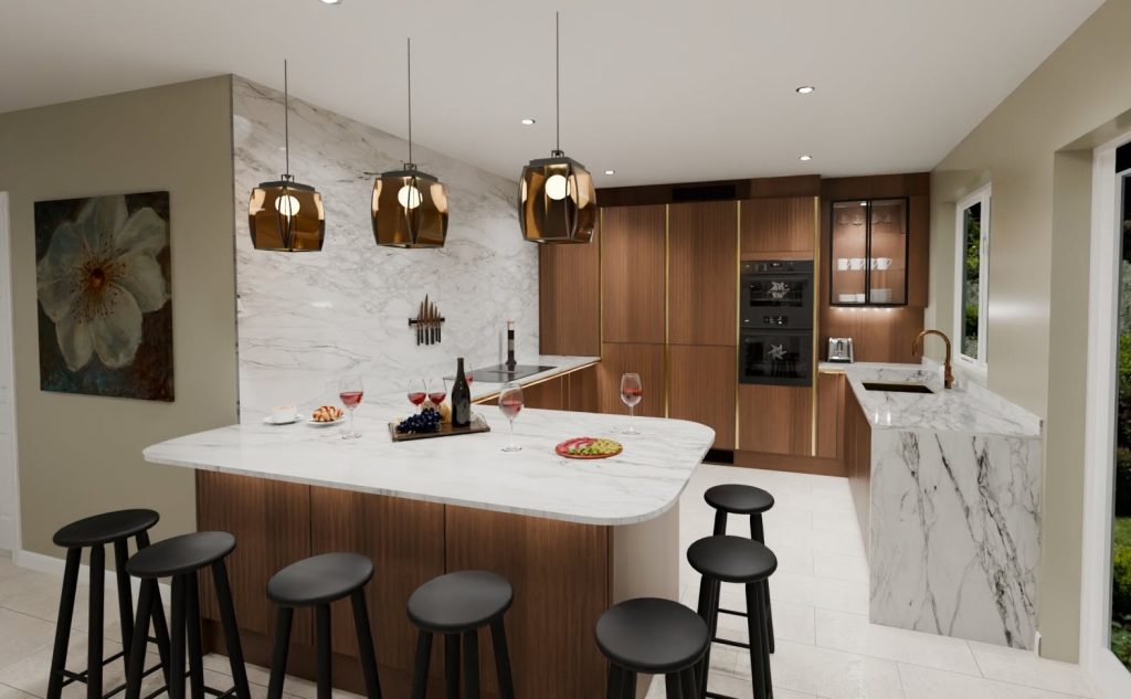 3D visualisation of modern kitchen in dark oak veneer inspired by mid-century modern style. Kitchen peninsula with bar stools at the front.