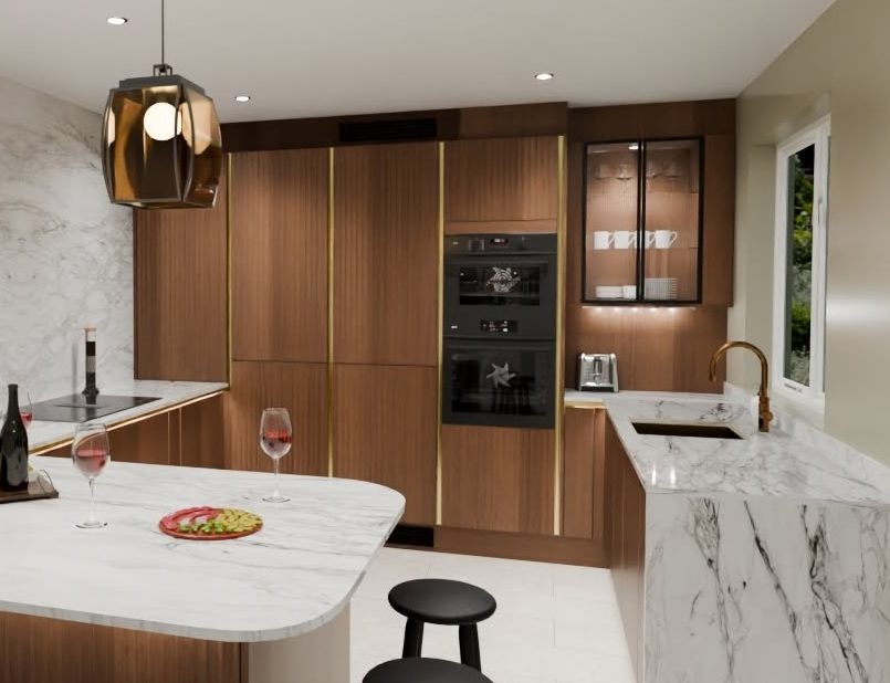 3D visualisation of modern kitchen in dark oak veneer inspired by mid-century modern style. Kitchen peninsula with bar stools at the front.
