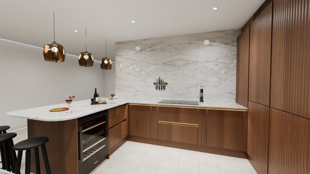 3D visualisation of modern kitchen in dark oak veneer inspired by mid-century modern style. View at the cooking zone from inside of the layout.