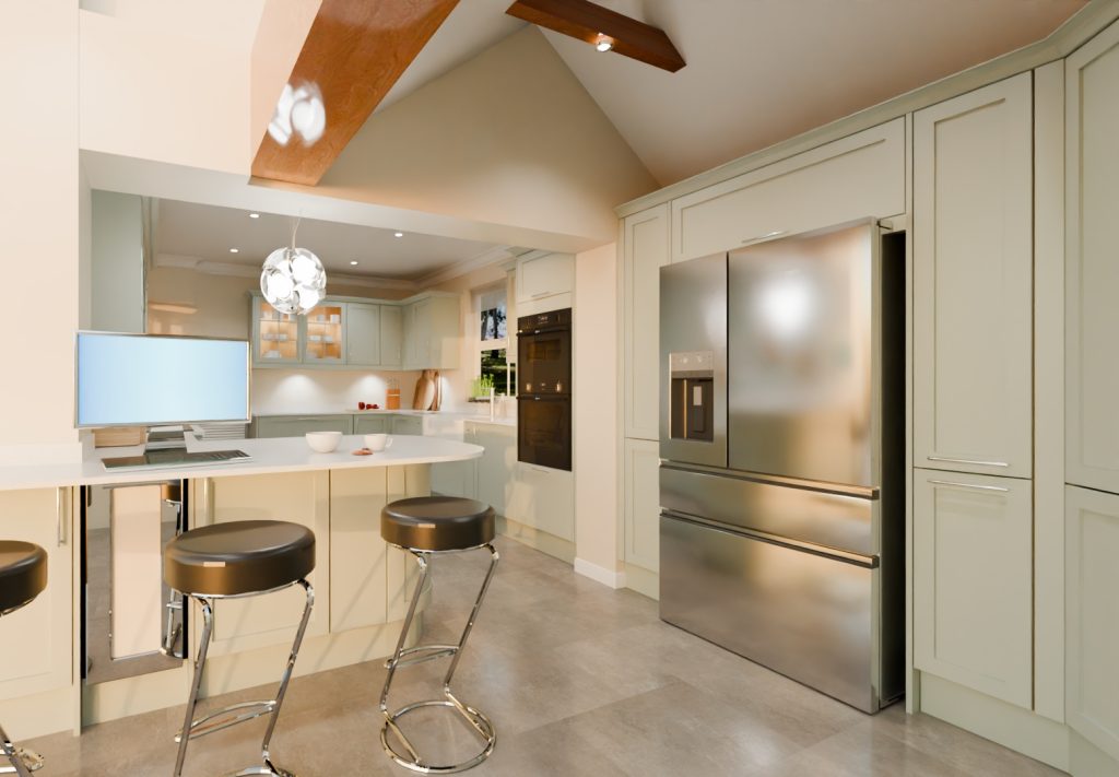 3D visualisation of a pale sage shaker kitchen with american fridge freezer and bar stools on the front of peninsula.