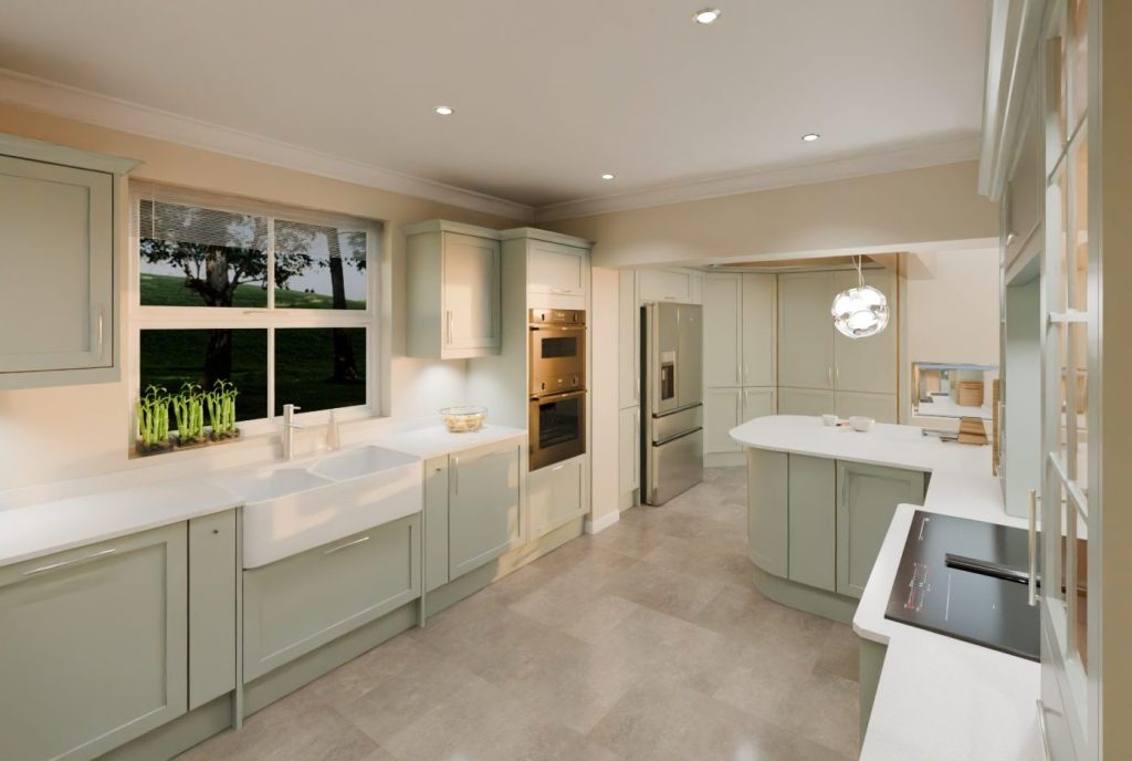 3D visualisation of a pale sage shaker kitchen with double ceramic Belfast sink and venting induction hob.