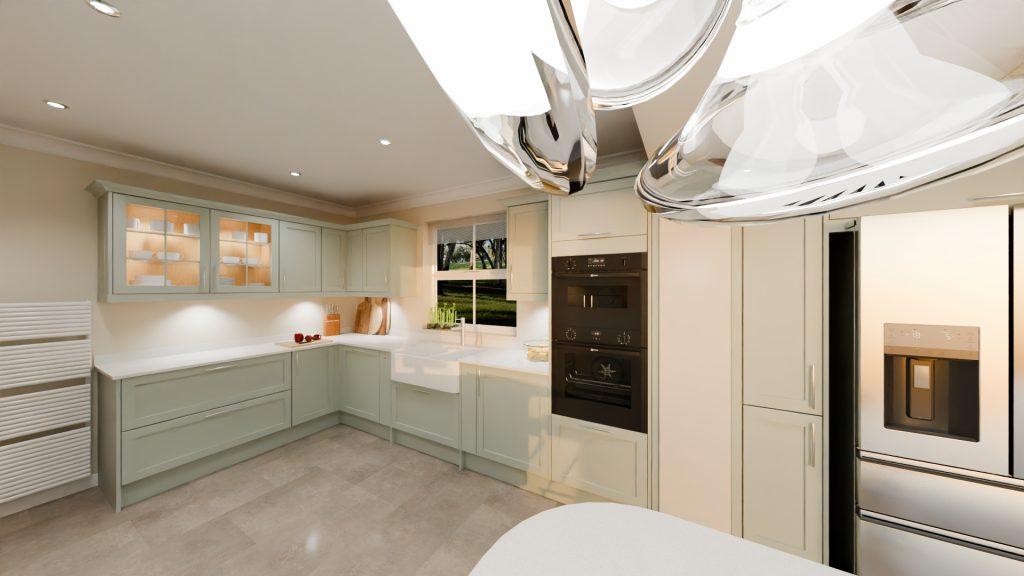 3D visualisation of a pale sage shaker kitchen with double ceramic Belfast sink and double oven housing.