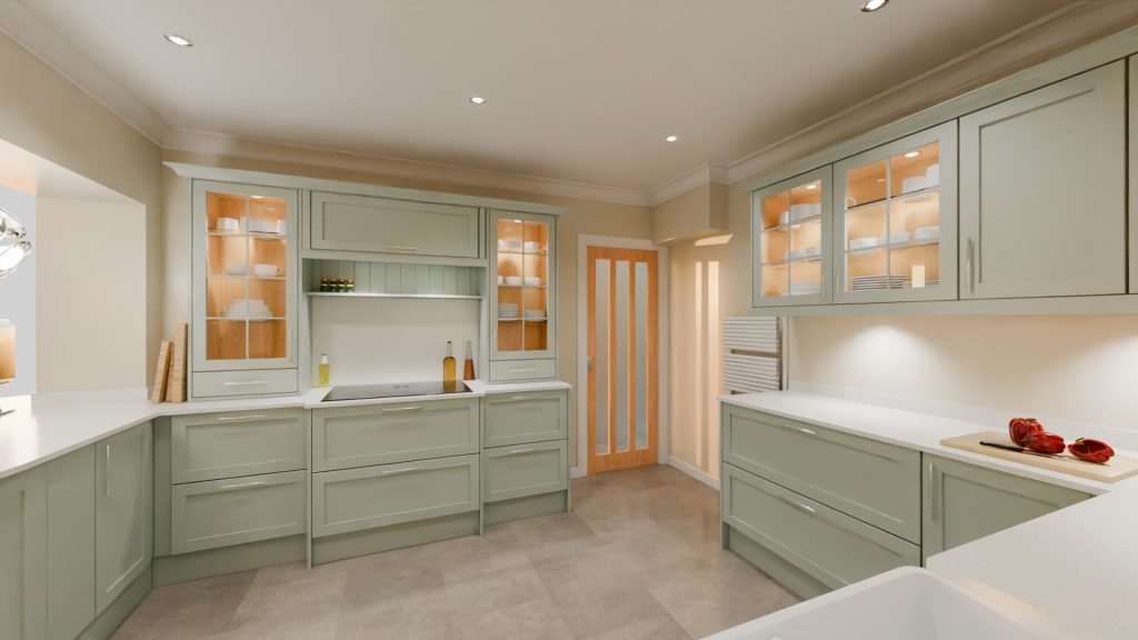 3D visualisation of a pale sage shaker kitchen with venting hob and entrance door.