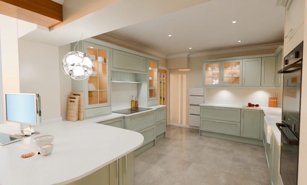 3D visualisation of a pale sage shaker kitchen with venting hob and glazed wall cabinets.