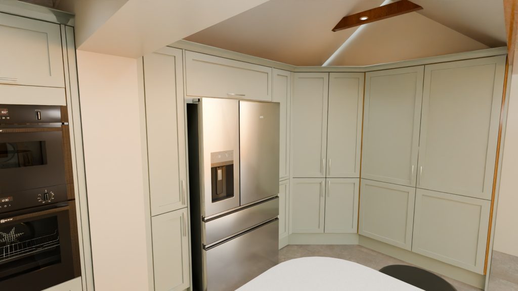 3D visualisation of a pale sage shaker kitchen with corner larder and american fridge freezer.