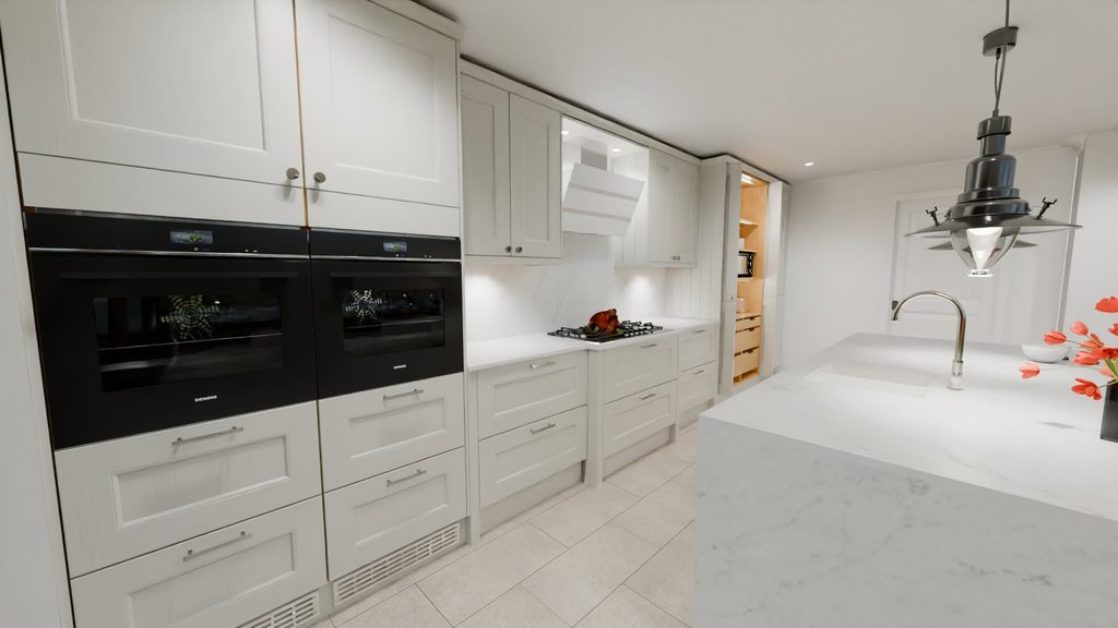 3D visualisation of contemporary classic shaker kitchen in limestone colour and white worktops with straight run of units along back wall with focus on the base units featuring symmetrical pan drawers. Gas hob section is pulled forward 8cm