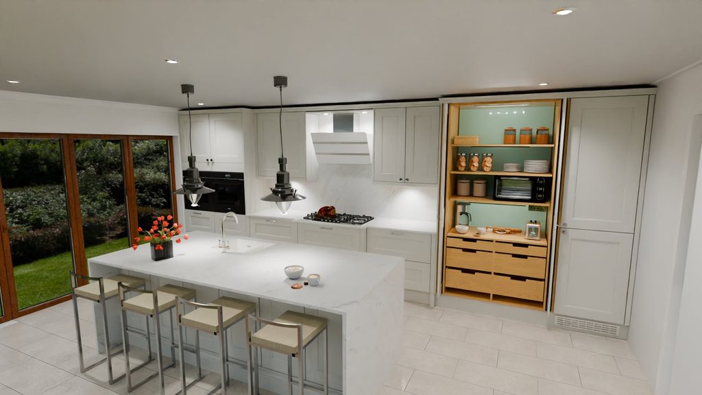 3D visualisation of contemporary classic shaker kitchen in limestone colour and white worktops with straight run of units along back wall and an island on the front of it and view into an open pocket pantry breakfast station on the left.