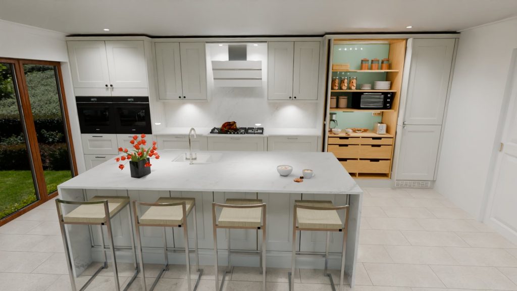 3D visualisation of a contemporary classic Shaker kitchen in limestone with white worktops, featuring a run of units along the back wall and a generous island opposite.