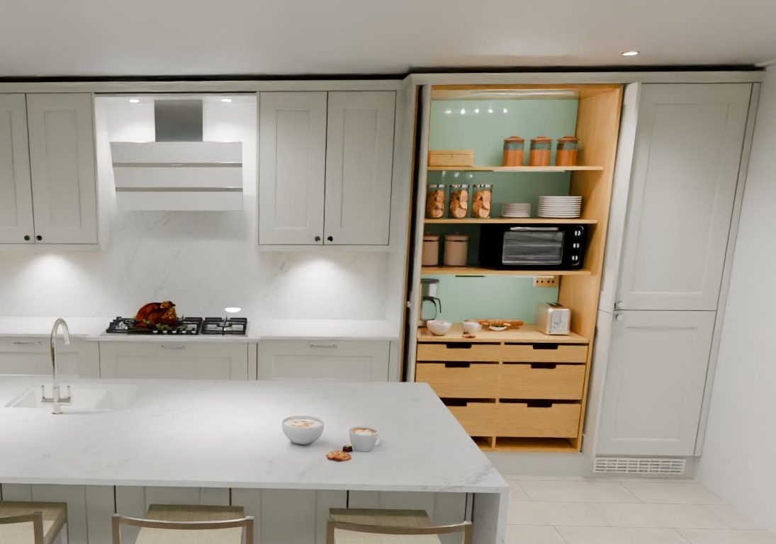 A detail of a pocket larder breakfast station and cooking area overlooking the island with undermounted sink - a 3D visualisation of contemporary classic shaker kitchen in limestone colour and white worktops