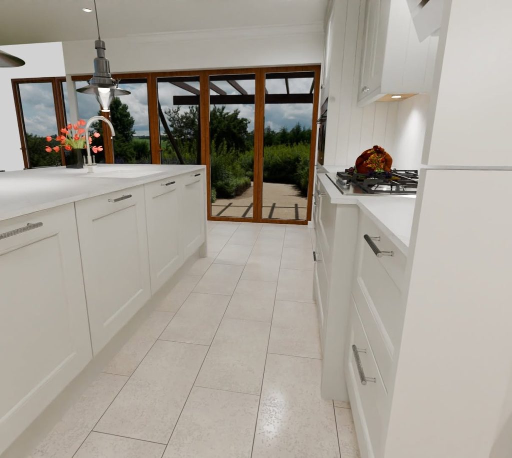 View in between the back run and an island of the 3D visualisation of contemporary classic shaker kitchen in limestone colour. The island featuring symmetrical repeating full frontals.