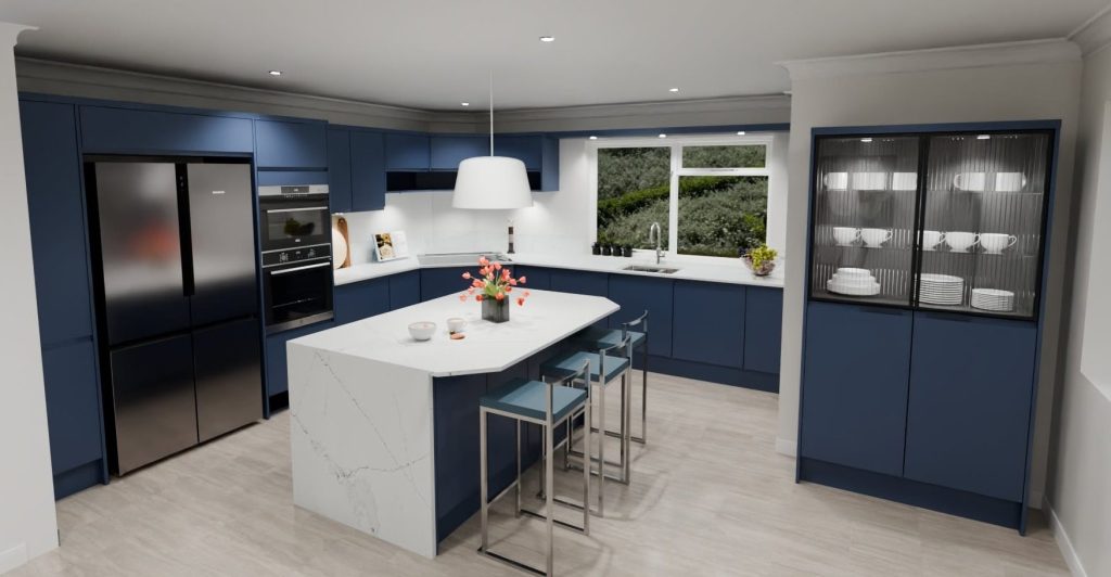 3D visualisation of a blue J-pull door kitchen with an island in the middle and white worktops.