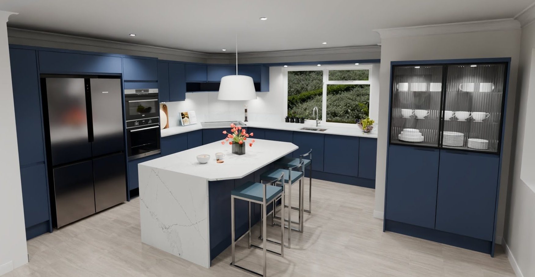 3D visualisation of a blue J-pull door kitchen with an island in the middle and white worktops.