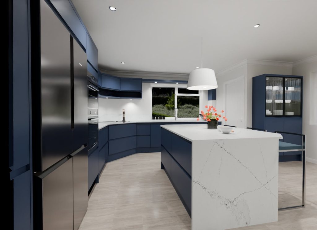 3D visualisation of blue kitchen with white quartz worktops featuring a waterfall worktop on the island.