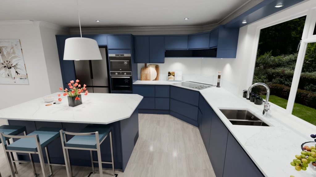 3D visualisation of blue kitchen with white worktops and island with steel bar stools in the front.