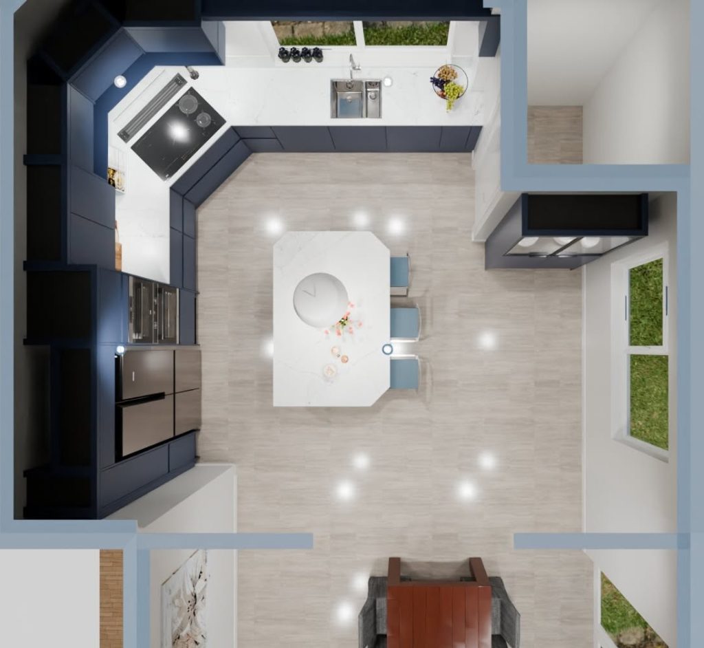 Bird view on 3D visualisation of blue kitchen with white worktops and an island in the middle and a dresser on a separate wall.