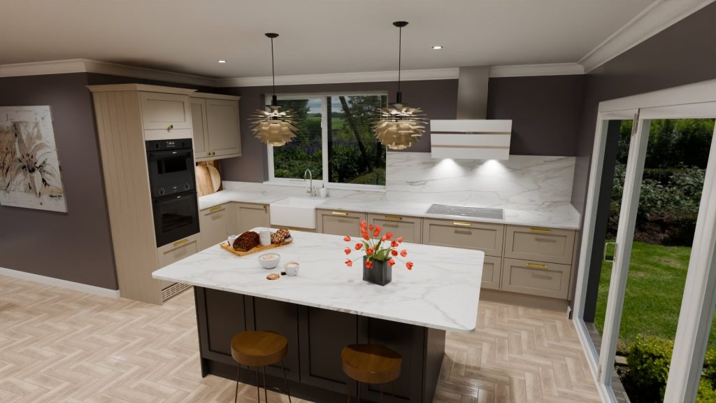 Contemporary classic kitchen of parchment colour with contrasting island in black with white worktops and splashbacks.