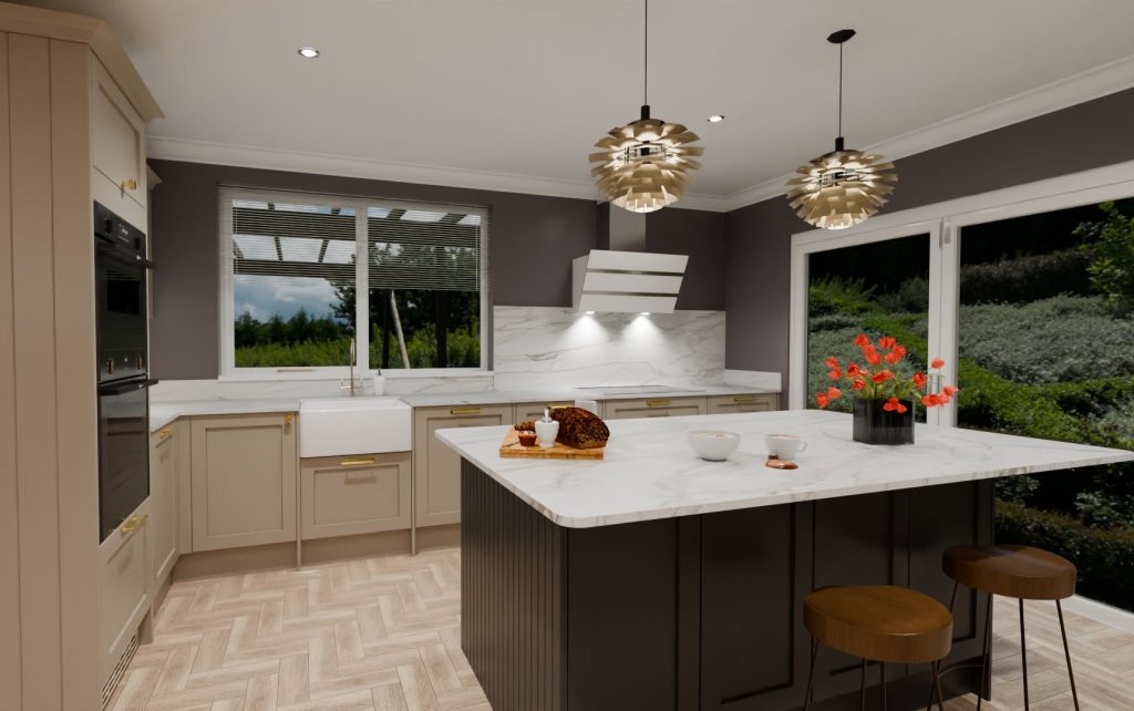 Contemporary classic kitchen of parchment colour with contrasting island in black and with white worktops and splashbacks.