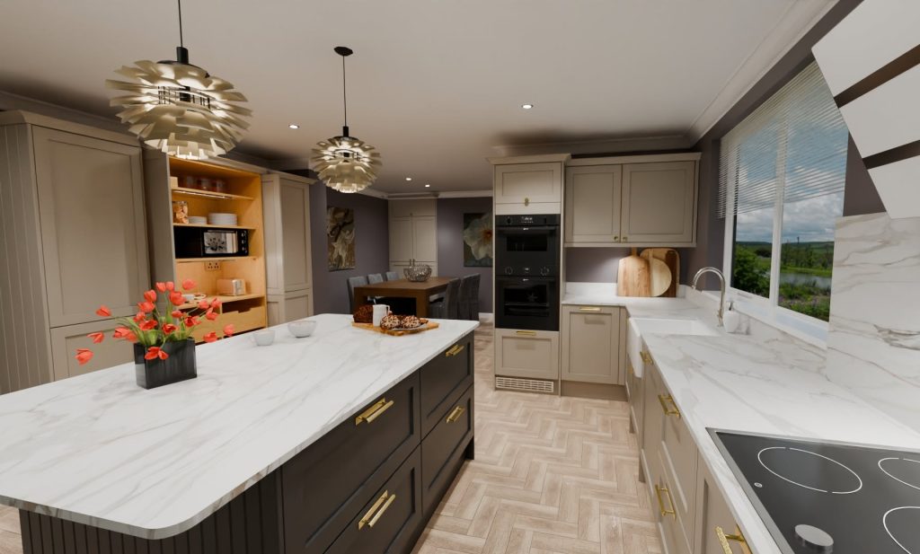 3D visualisation of contemporary classic kitchen of parchment colour with contrasting island in black with white worktops.