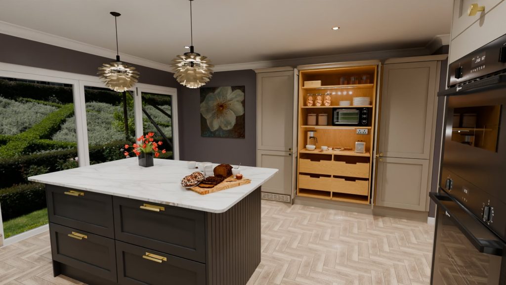 3D visualisation of contemporary classic kitchen of parchment colour with contrasting island in black with white worktops and an open pocket pantry larder in the background.