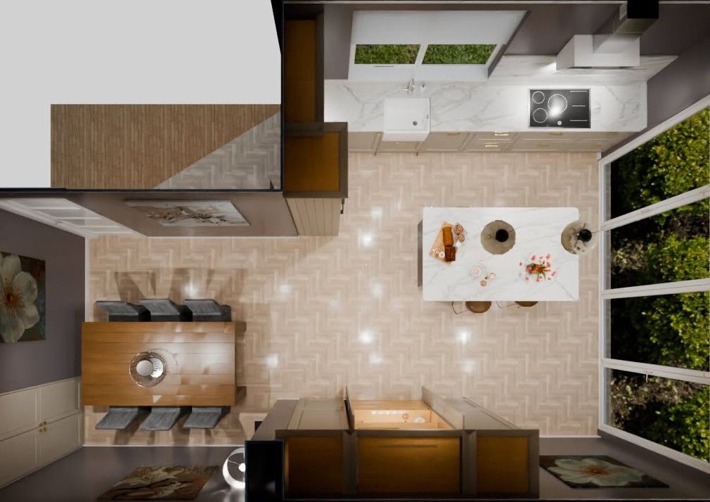 Bird view of 3D visualisation of contemporary classic kitchen of parchment colour with contrasting island in black with white worktops.