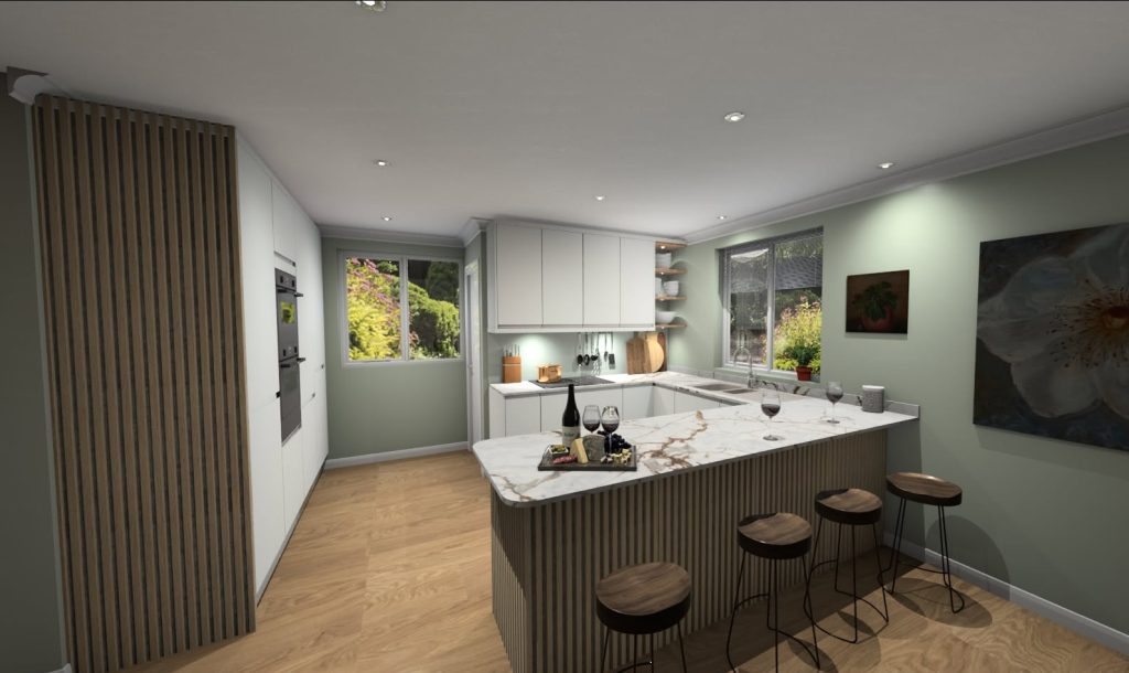 3D visualisation of a white J-pull kitchen with ceramic worktops featuring rusty marbling. The front of the peninsula and the side of the larder run are wrapped in slatted oak panelling.