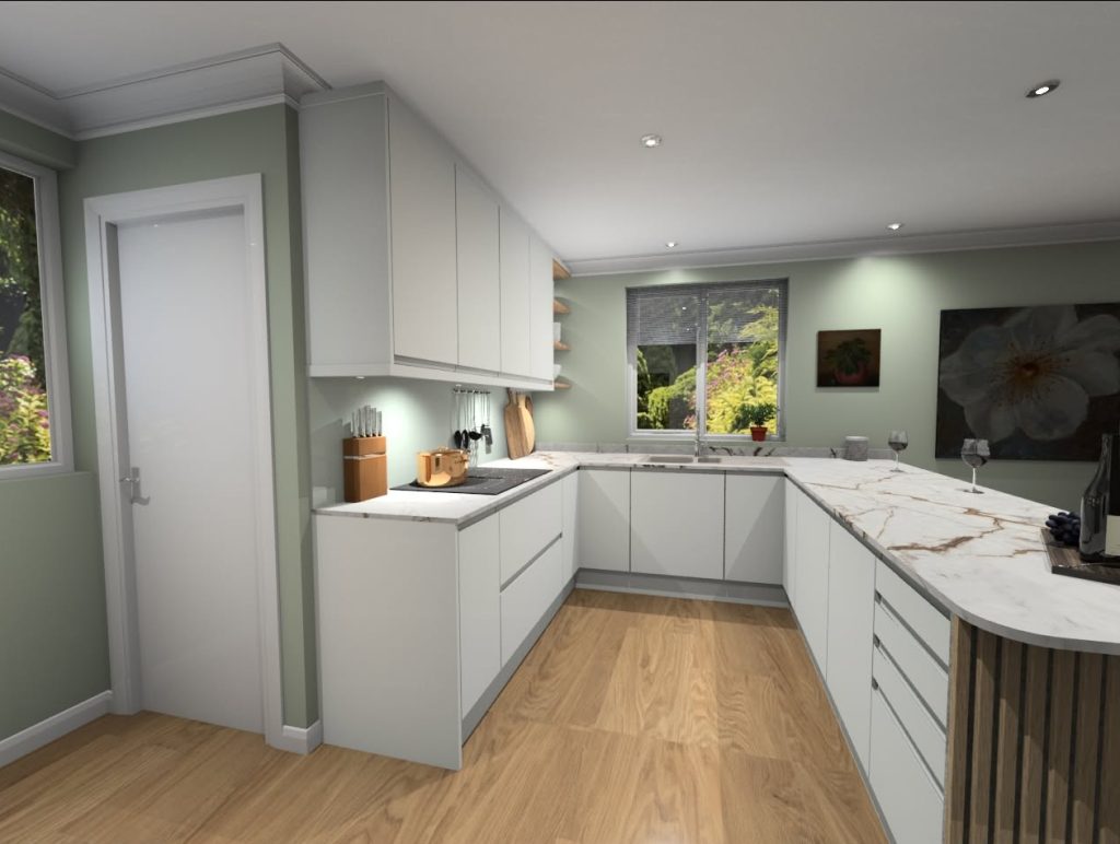 3D visualisation of a J-pull door u-shape kitchen