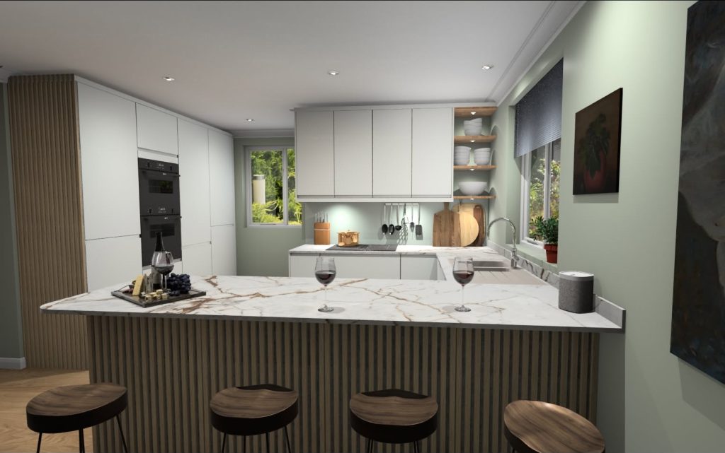 3d visualisation of a modern kitchen with slatted panels on the front of the peninsula