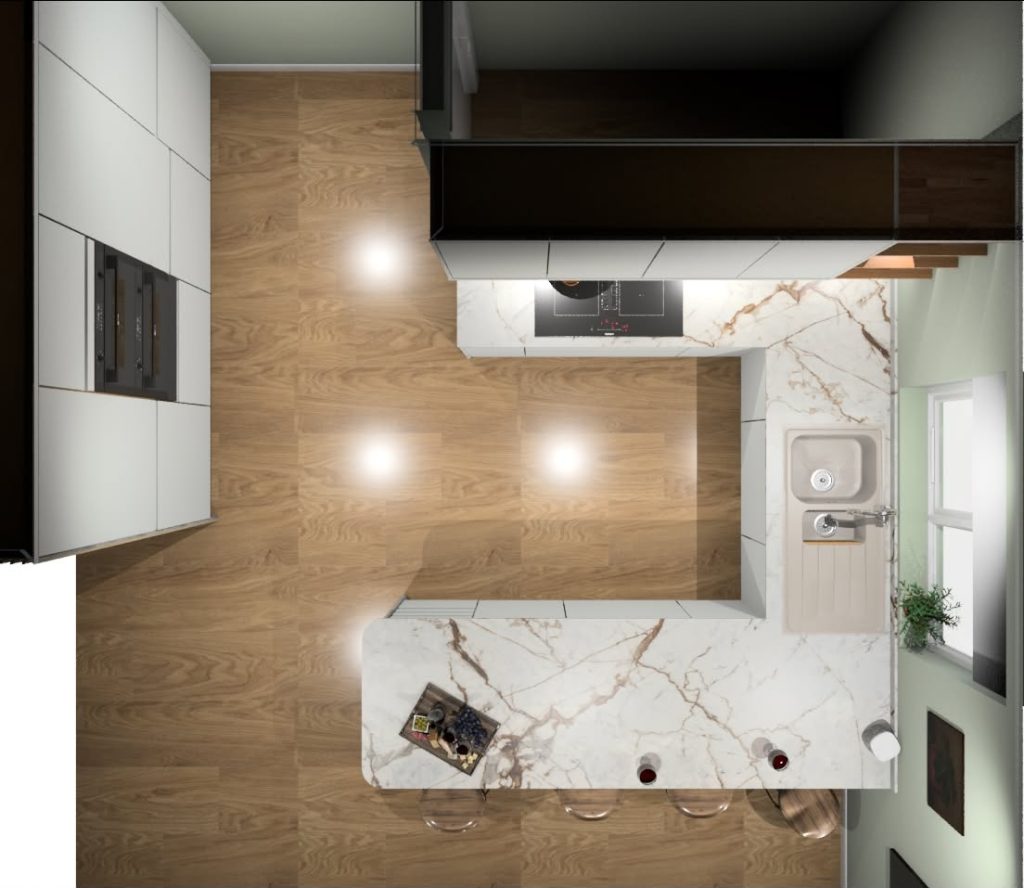 bird-eye view perspective of kitchen with striking pattern on the worktops