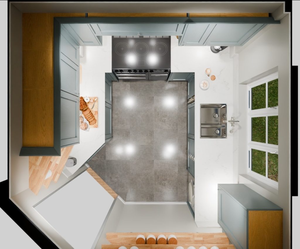 Bird eye view of the 3D visualisation of the blue-green shaker kitchen with white worktops, upstands and splashbacks showing working triangle.