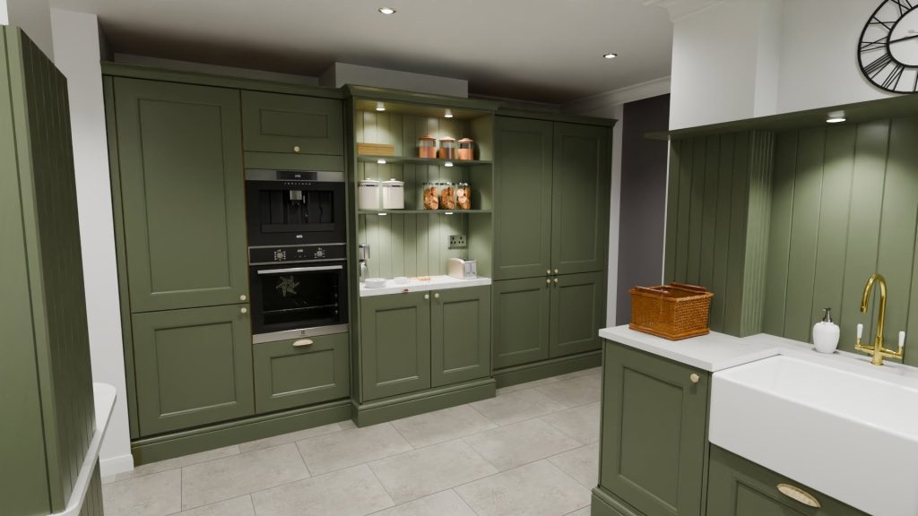 3D visualisation of the larder recess with pantry larders on each side of shallow dresser with shelves and T&G back panel.