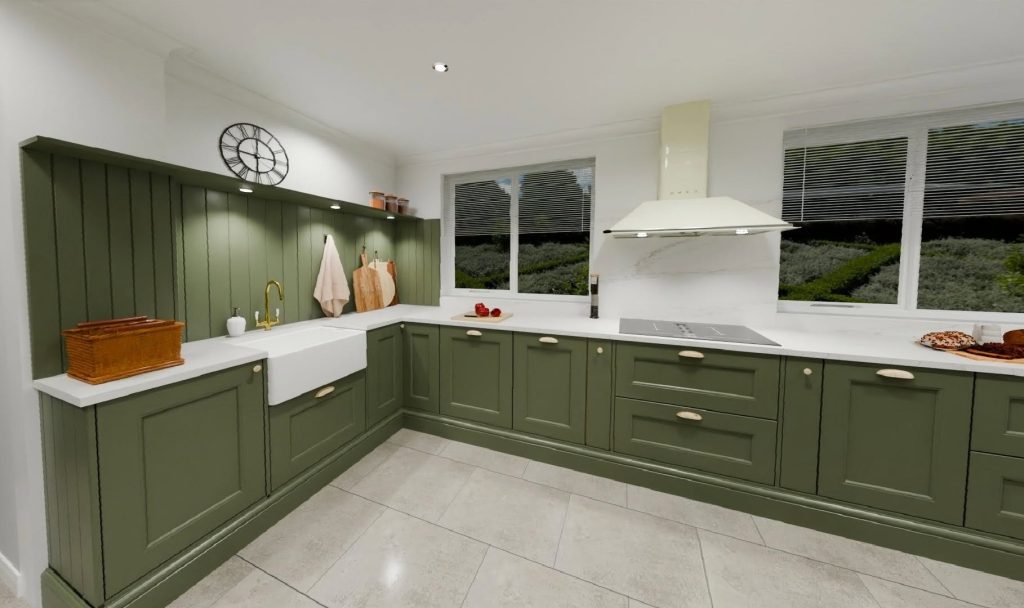 3D visualisation of a green shaker L-shape kitchen with Belfast sink on the left side and cooking area on the right.
