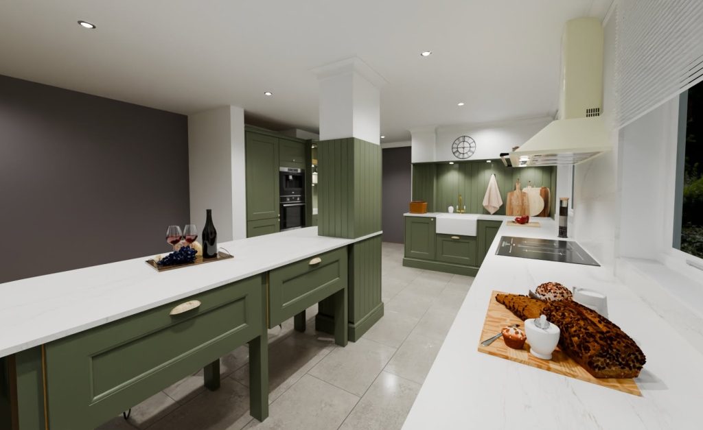 3D visualisation of a traditional shaker kitchen in olive green colour featuring a floating island on rectangular legs on the left.