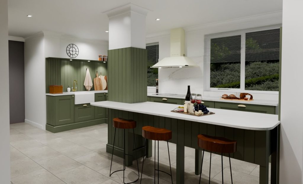 3D visualisation of a traditional shaker style kitchen in green colour with a floating island between the column and wall in the middle of the room.