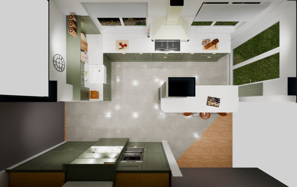 Bird view of 3D visualisation of kitchen in olive green colour with white worktops.