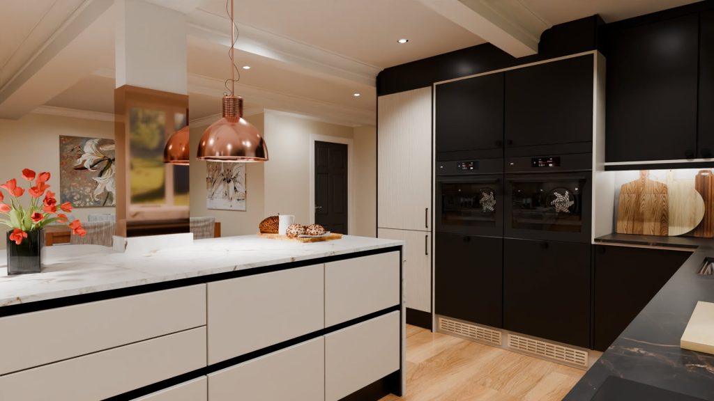 3D visualisation of a modern kitchen in black and limestone colour with black and white worktops and island with pan drawers.