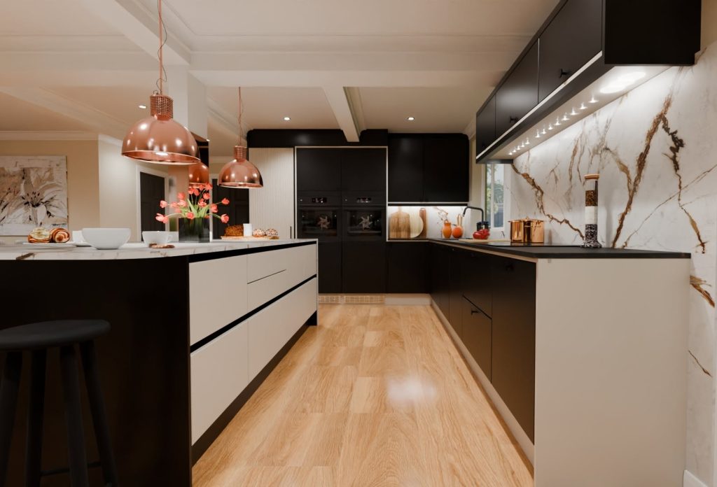 3D visualisation of a modern kitchen in black and limestone colour with an island with pan drawers.