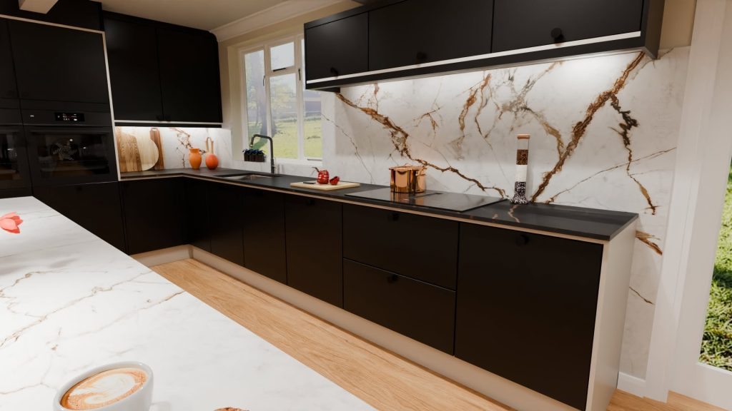 3D visualisation of a modern kitchen in black with black and white worktops and white splashback with brown veining pattern.