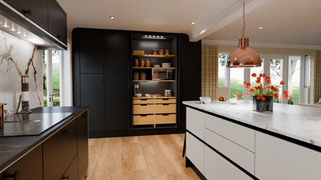 3D visualisation of a modern kitchen in black and limestone colour with black and white worktops and island with pan drawers and pantry larder in the background.