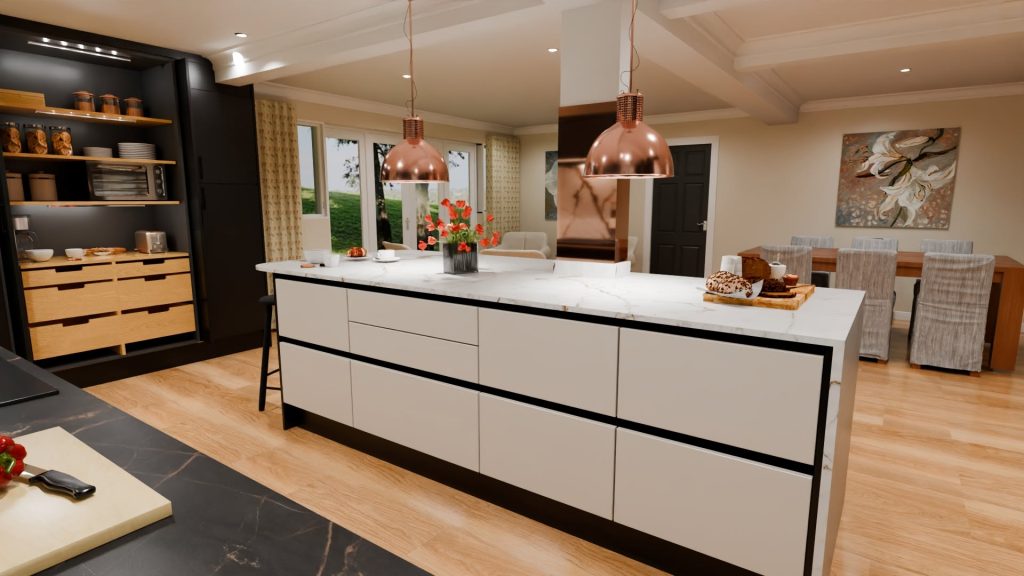 3D visualisation of a modern kitchen in black and limestone colour with black and white worktops and island with pan drawers and the breakfast pocket larder on the left.