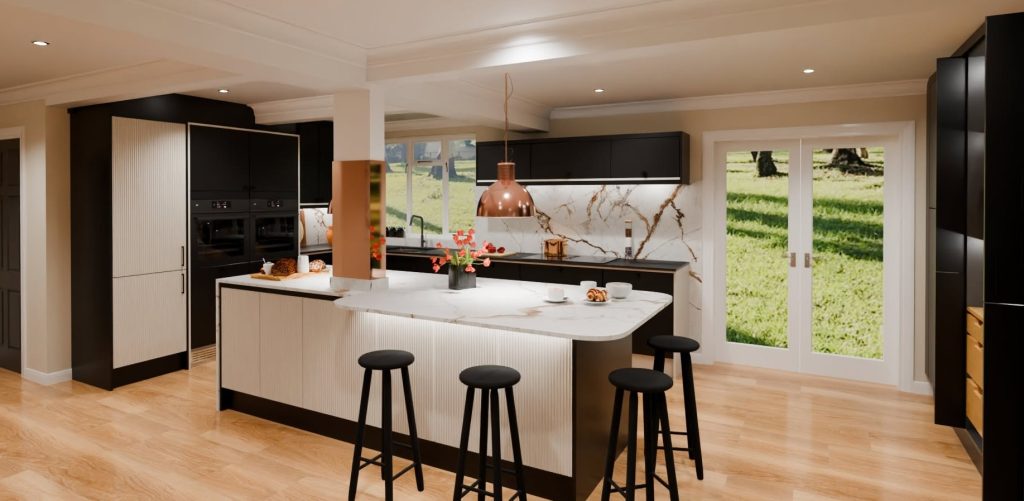 3D visualisation of a modern kitchen in black and pale limestone colour with an island in the middle and a run of tall larders on the right.