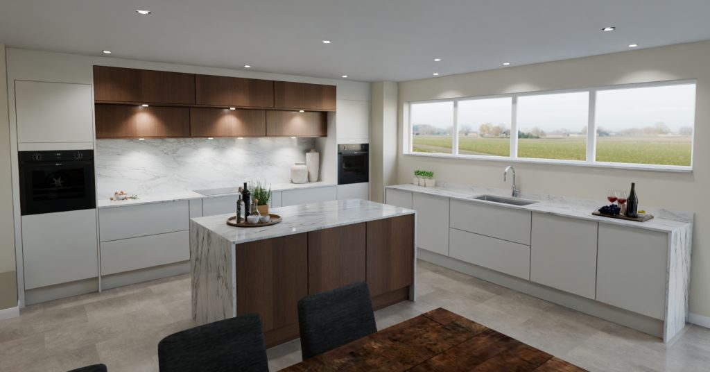 3D visualisation of ultra modern slab door kitchen in combination of gloss white and dark oak veneer. Island in the middle. Dekton ceramic worktops.