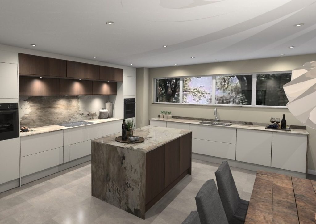 3D visualisation of ultra modern slab door kitchen in combination of gloss white and dark oak veneer. Island in the middle with Khalo Dekton waterfall worktop.