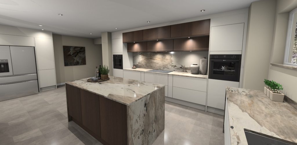 3D visualisation of ultra modern slab door kitchen in combination of gloss white and dark oak veneer. Island in the middle with Khalo Dekton waterfall worktop. View from the entrance.