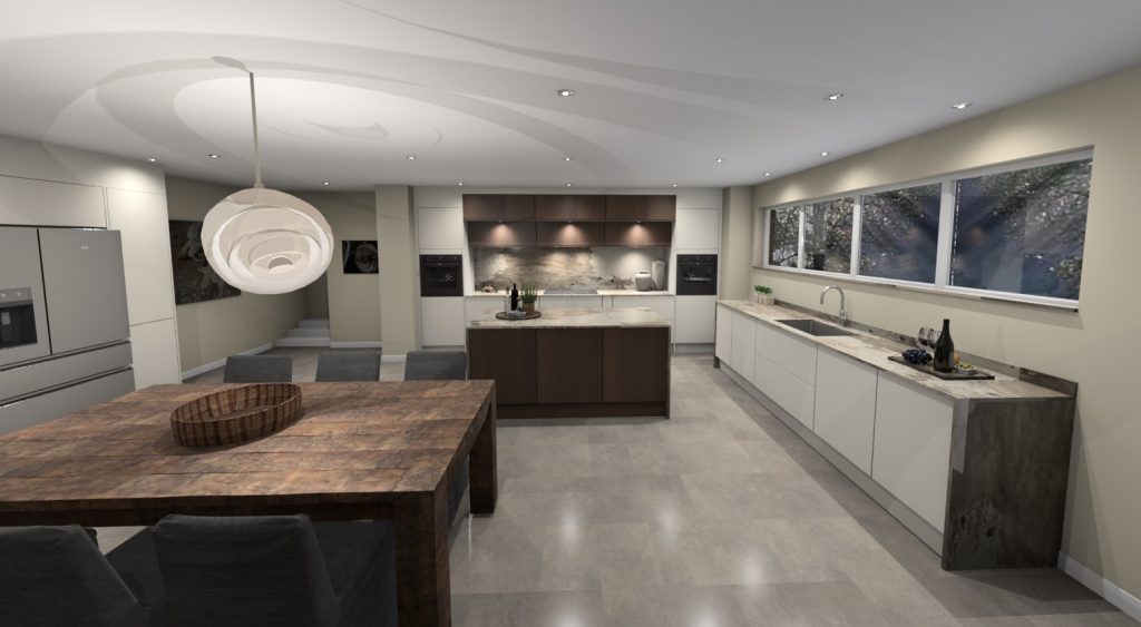 3D visualisation of ultra modern slab door kitchen in combination of gloss white and dark oak veneer. Island in the middle with Khalo Dekton waterfall worktop. Dining table on the front.